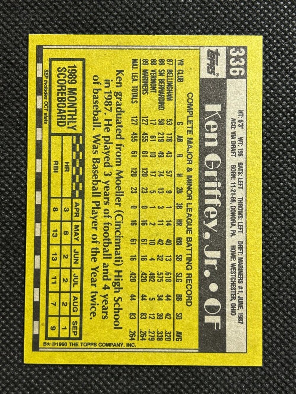 1990 Topps - Ken Griffey Jr #336 RC Gold Rookie Cup Seattle Mariners HOF - Picture 2 of 2